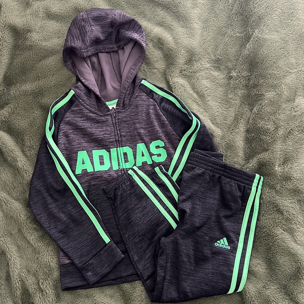 Adidas set, size 5T, heathered charcoal in color with neon green print and trim